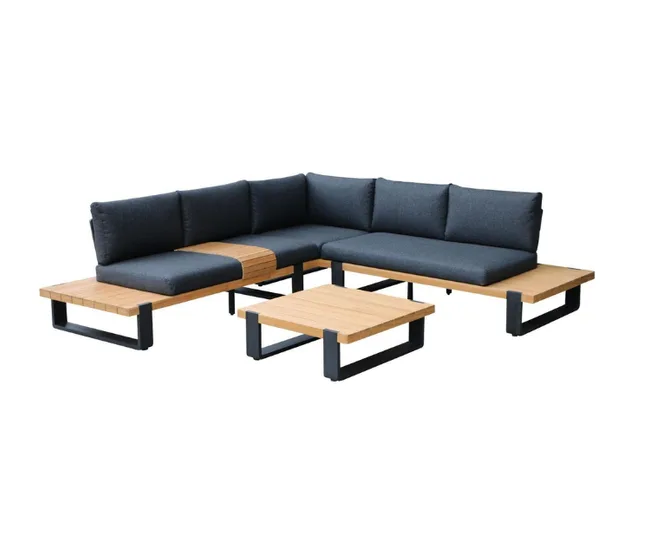 Outdoor sectional sofa with wooden frame, dark cushions, and matching coffee table on white background.