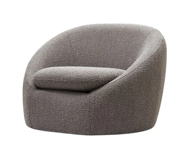 Gray boucle swivel chair with a rounded, modern design and a textured fabric finish.