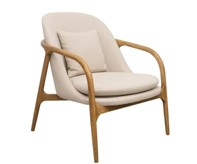 Modern armchair with light beige cushions and wooden frame.