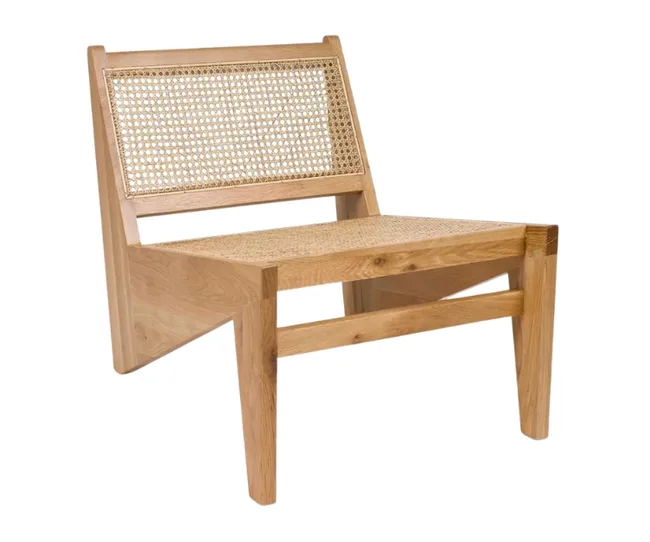 Wooden chair with woven cane backrest and seat, featuring angled legs and a minimalist design.