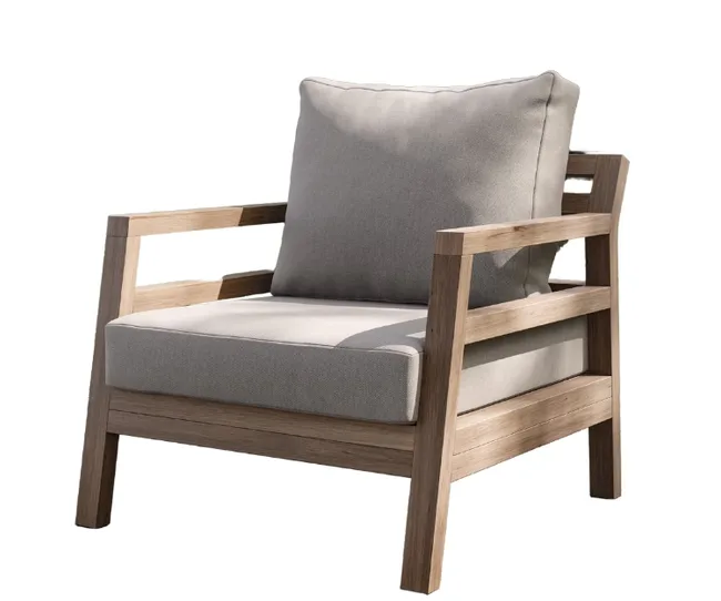 Wooden chair with light gray cushions and a modern, minimalist design.