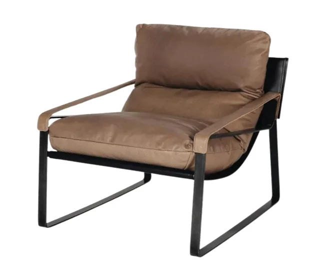 Brown cushioned accent chair with metal frame and armrests on a white background.