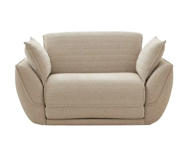 Beige cushioned loveseat with angled armrests and a modern, curved design.