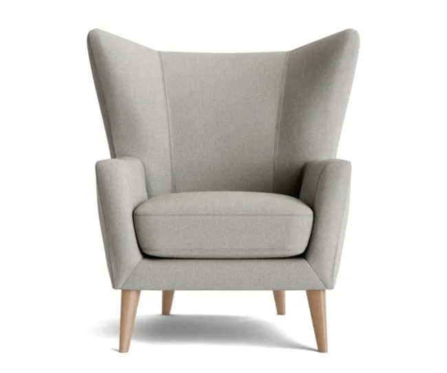 Gray high-back armchair with wide, angled armrests and light wooden legs.