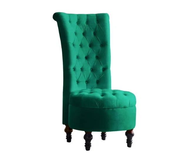 Green high-back tufted chair with wooden legs.