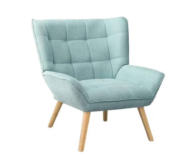 A light blue, mid-century modern style armchair with wooden legs and a tufted backrest.
