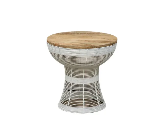 Round wooden table with white wire base on a white background.