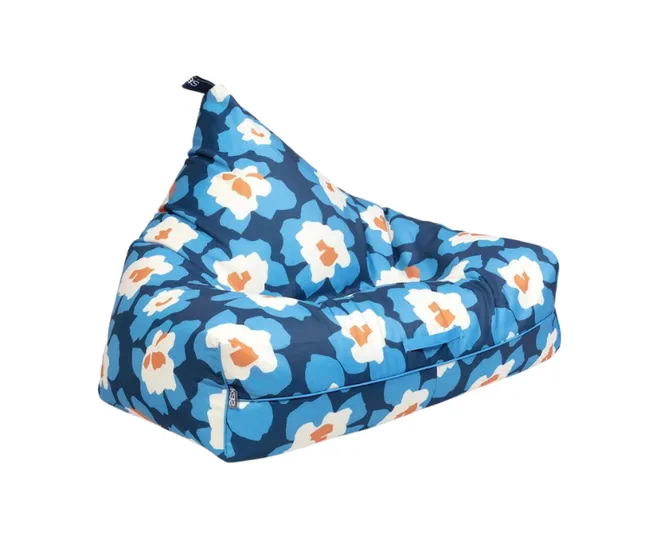 Blue beanbag chair with bold white and orange floral print.