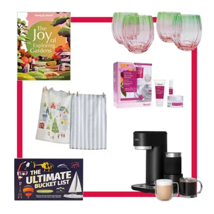 Various gift items including a book, glasses, skincare set, tea towels, and a coffee maker on a white background.
