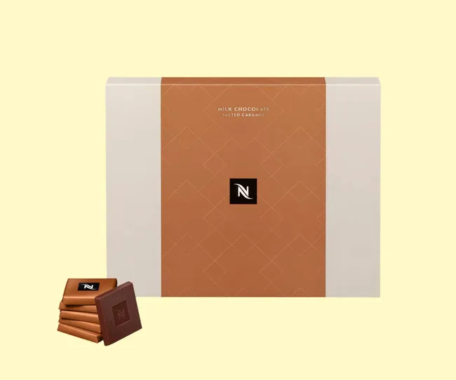 A box of Nespresso milk chocolate and caramel squares
