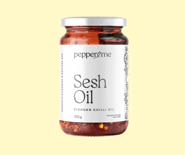 The Pepper & Me Sesh Oil against a yellow background
