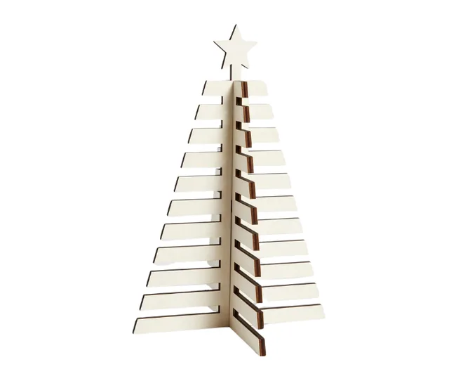 Wooden tabletop Christmas tree with slotted branches and a star on top.