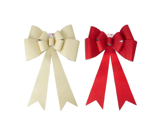 Cream and red decorative bows with long tails on a white background.