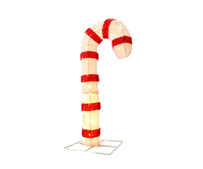 Lit candy cane decoration with red stripes on a white background.