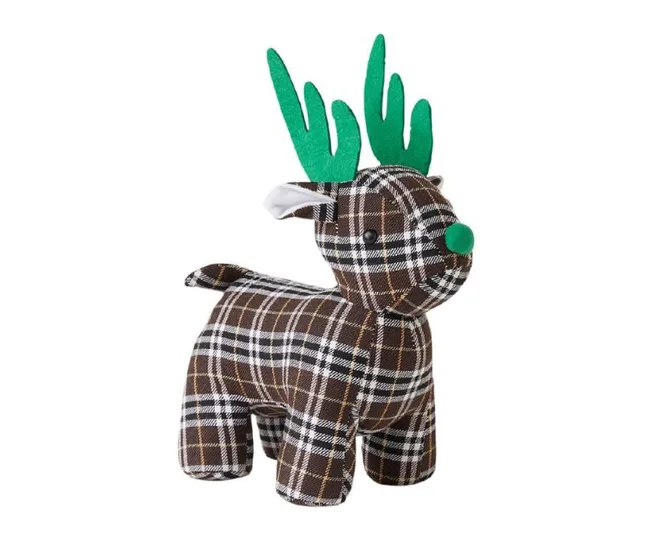 Plaid fabric reindeer figurine with green antlers and nose.