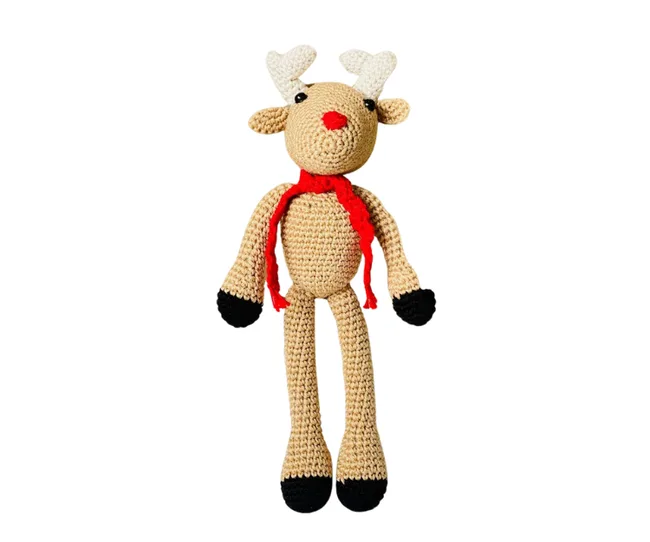 Crocheted reindeer toy with red nose, antlers, wearing a red scarf on a white background.