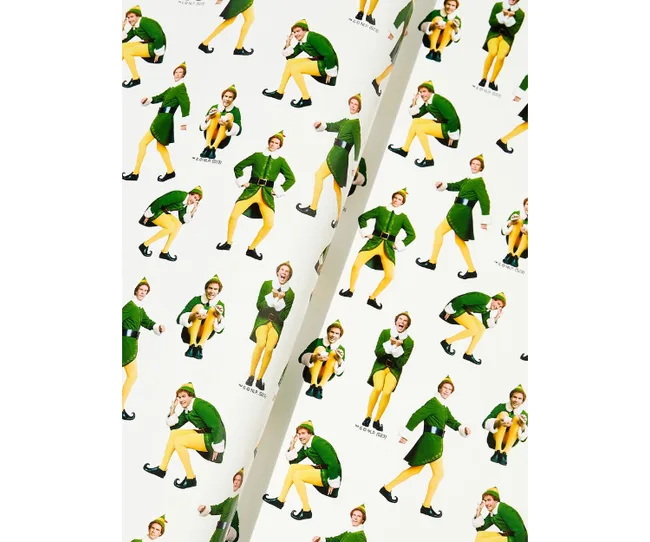 Patterned wrapping paper featuring Buddy the Elf in various poses from the movie "Elf" on a white background.