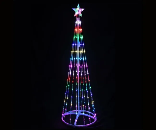 A tall cone-shaped Christmas tree made of colorful LED lights, topped with a glowing star, set against a dark background.