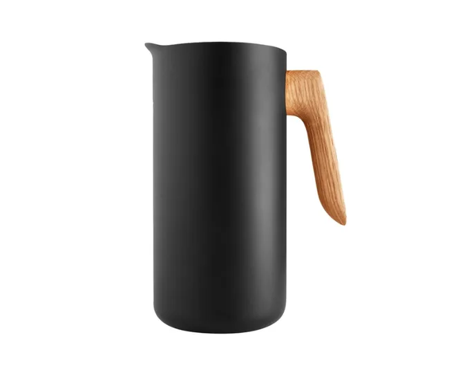 A sleek black pitcher with a wooden handle.