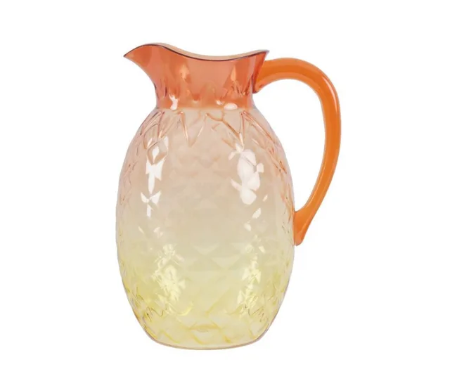 Glass pitcher resembling a pineapple, with a gradient from orange at the top to yellow at the bottom.
