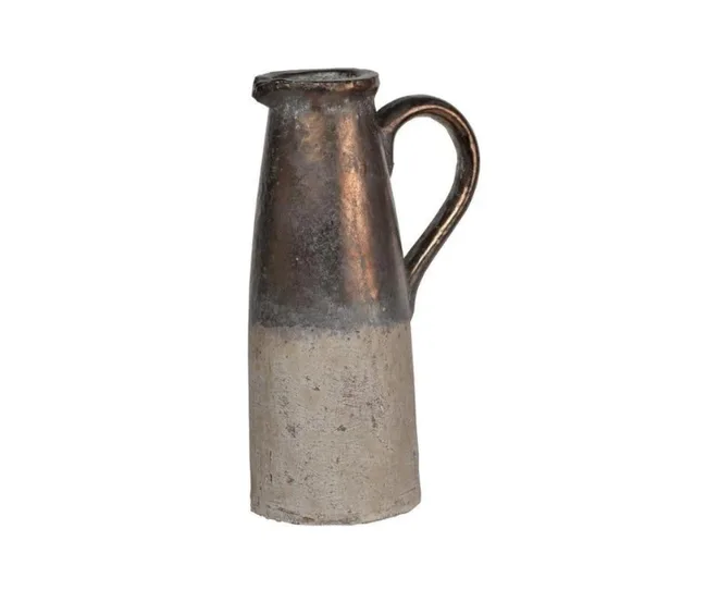 Rustic metallic pitcher with a narrow spout and single handle, featuring a weathered, two-tone finish.