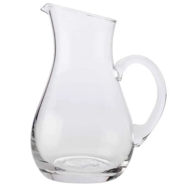Clear glass pitcher with a curved handle and wide base, ideal for serving beverages.