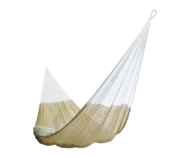 Beige and white woven hammock hanging, showing its texture and design against a plain white background.