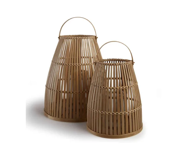 Two wooden, woven lanterns with handles, featuring a conical shape and vertical slats on a white background.