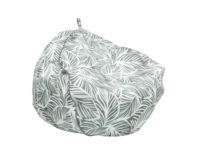 Bean bag chair with a white and grey leaf pattern fabric.