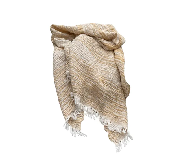 A soft beige and white striped blanket with fringed edges on a white background.