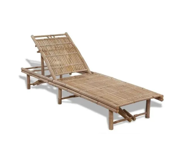 Adjustable bamboo outdoor chaise lounge with a slatted backrest and seat on a white background.