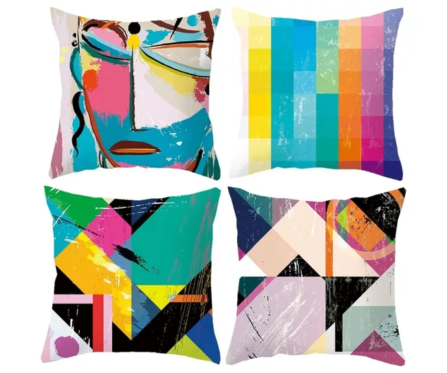 Four abstract art pillows with colorful geometric and brushstroke designs.
