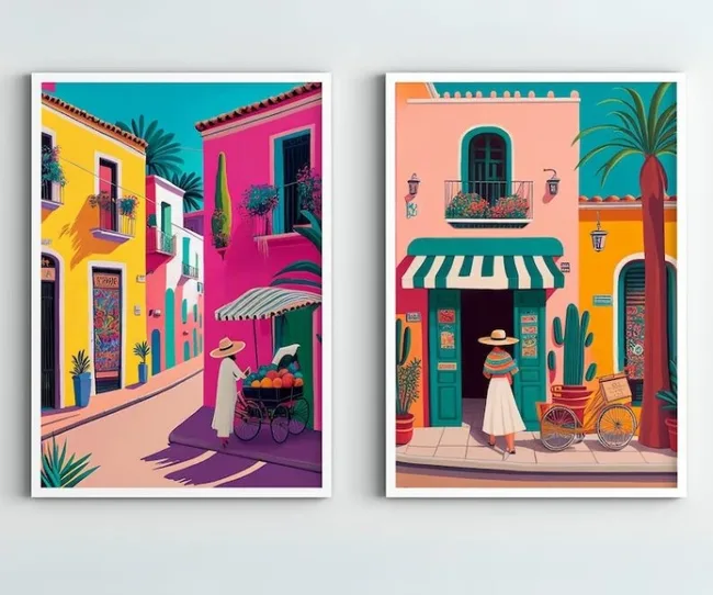 Colorful street art depicting a vibrant village with a woman in a hat near fruit vendors and charming shops.