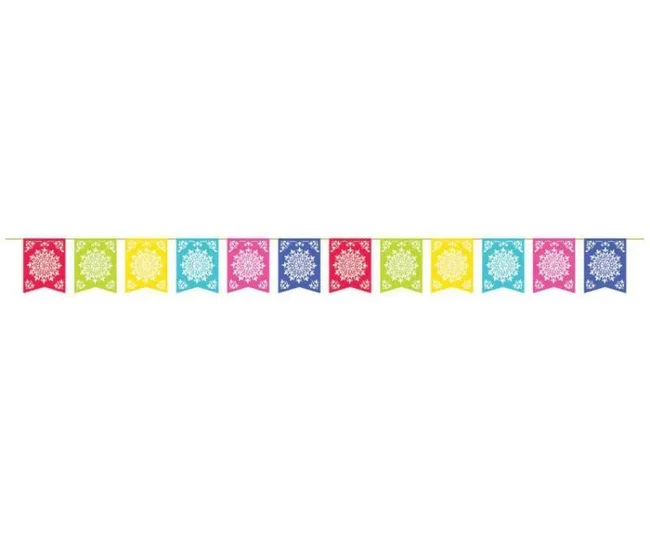 Colorful papel picado banner with decorative patterns on red, green, yellow, blue, and pink flags.
