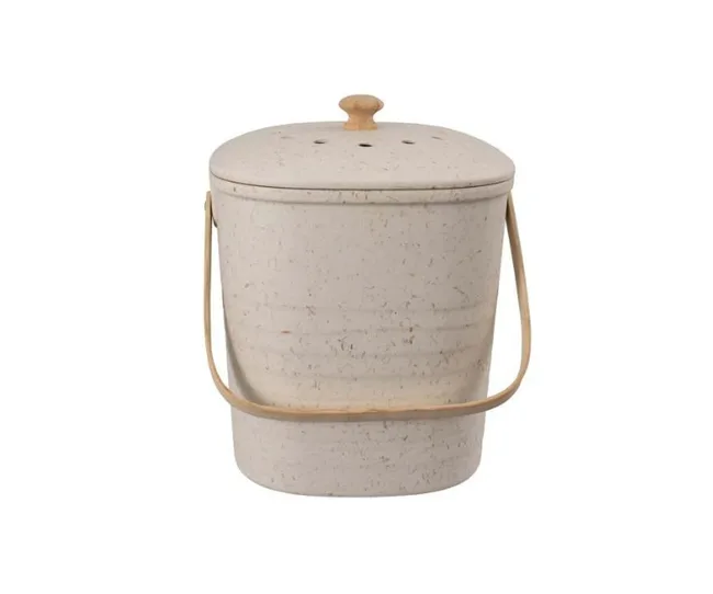 A beige compost bin with a lid and wooden handle, designed for kitchen countertop use.