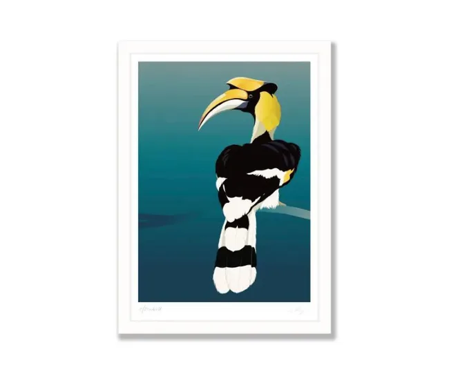 Illustration of a great hornbill with a distinctive yellow casque, perched on a branch against a blue gradient background.