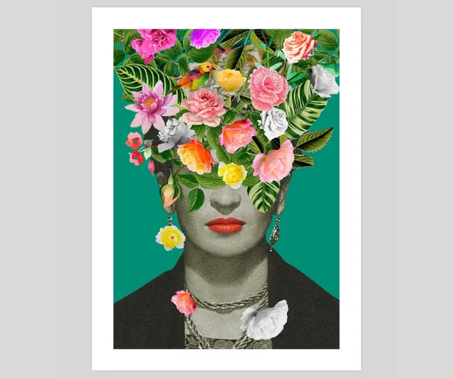 A grayscale portrait with colorful flowers, leaves, and bird on the head; woman with red lips, green background.