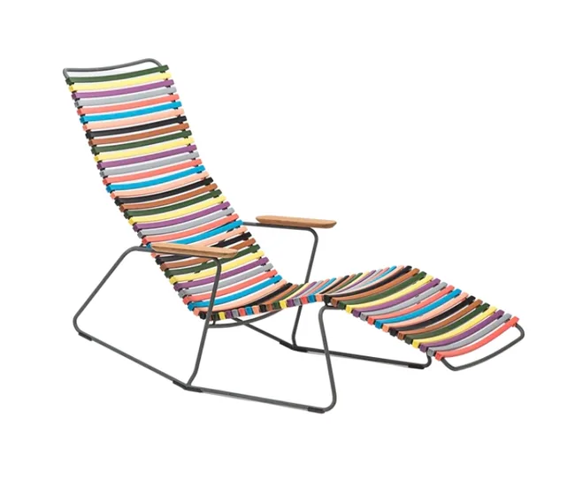 Colorful lounge chair with horizontal multicolored slats and wooden armrests.