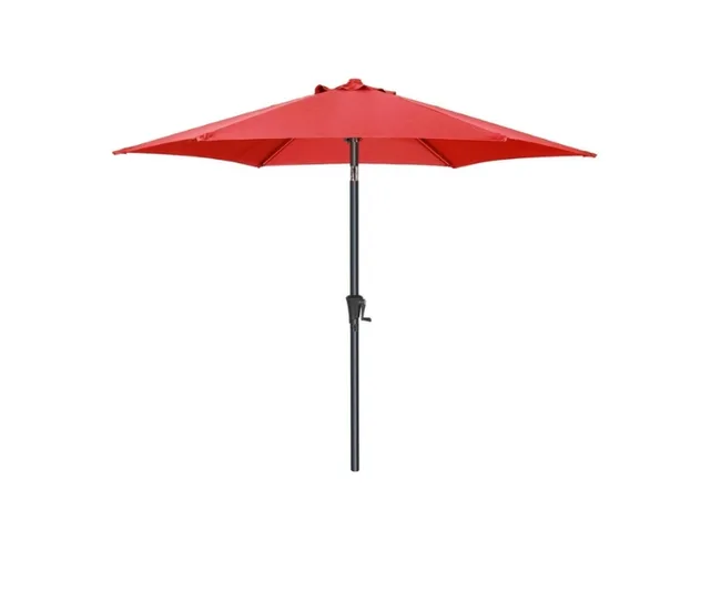 Red patio umbrella with a black pole and crank mechanism, fully opened.