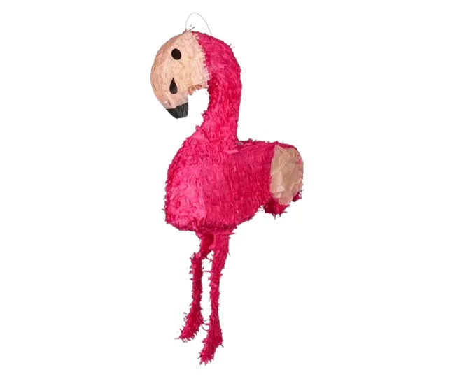 Pink flamingo piñata hanging on a string.