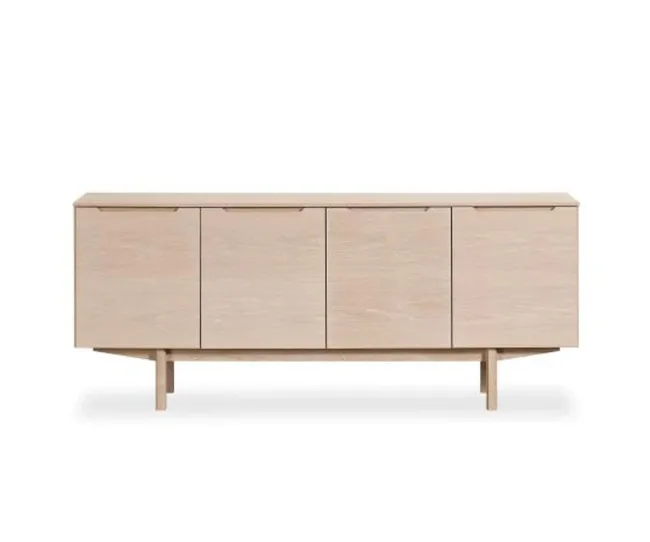 A light wood sideboard with four cabinet doors and minimalistic design.