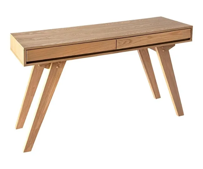 A minimalist wooden desk with two drawers and angled legs.