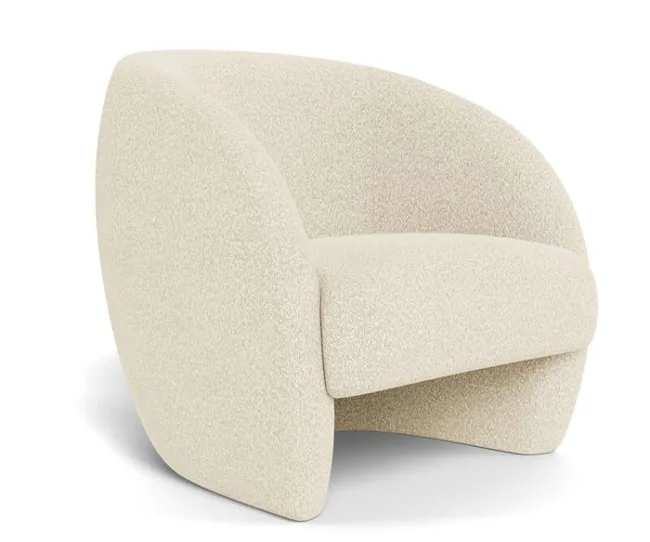 Cream-colored accent chair with curved back and modern design.