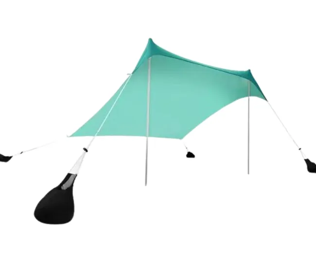 Aqua sun canopy with black sandbags and white poles, designed for outdoor shade.