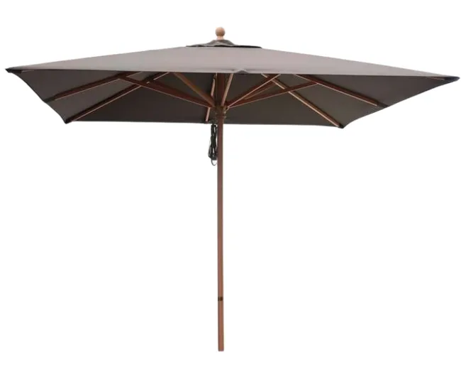 A large square patio umbrella with a wooden pole and dark canopy, viewed from a low angle against a white background.