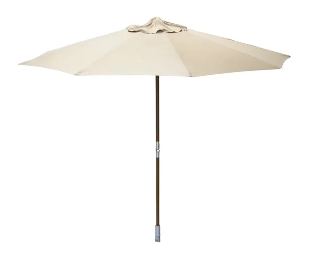 Beige outdoor patio umbrella with a wooden pole on a white background.