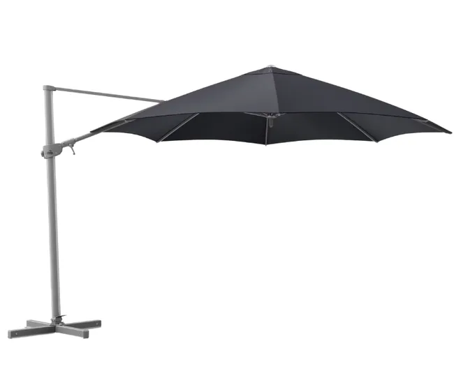 Black cantilever patio umbrella with a silver pole, viewed from the side on a white background.