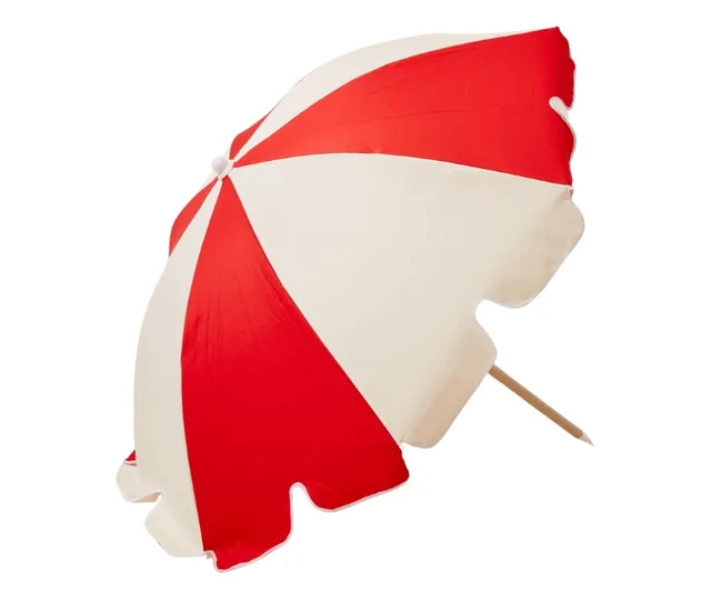 Red and white beach umbrella with scalloped edges against a white background.