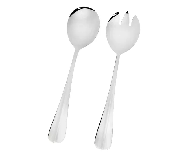 Two stainless steel salad servers; a spoon and a fork.