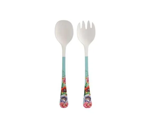 Child's spoon and fork set with colorful cartoon character illustrations on the handles.